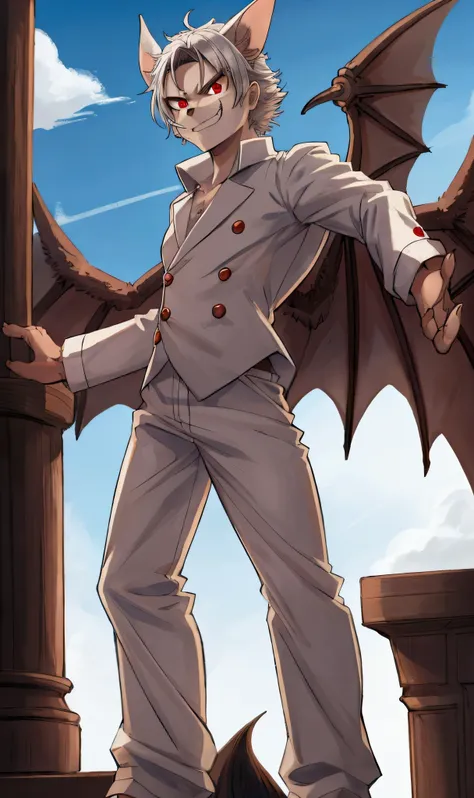 
Male mink bat, alone, silvery brown short fur, white navy uniform based on one piece anime, aggressive pose, standing, both arms outstretched with open wings, scars on face, fierce facial expression, combat stance, on terrace of a ship, with a blue sky ba...