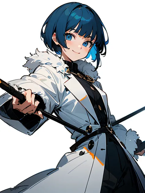 solo, (looking at viewer:1.3),upperbody, blue short pixie cut, blunt bangs, blue eyes,anime face,luxurious white fur coat, holding a cane, cute smile, (fighting stance),white simple background,(manga style),(sketch),(illustration)