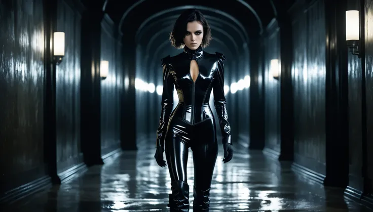 Top Quality, Masterpiece, High Resolution, 8k, (underworld vampire girl, selene, shiny revealing latex jumpsuit, corset made of lacquer, fitted, long sleeves, heeled black boots with buckles, carrying pistols in both hands, short messy hair, walking down a...