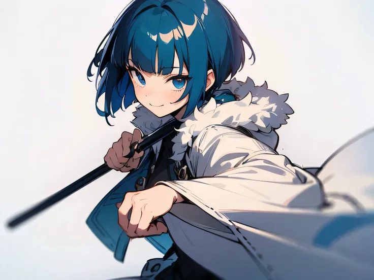 solo, (looking at viewer:1.3),close up face, blue short pixie cut, blunt bangs, blue eyes,anime face,luxurious white fur coat, holding a cane, cute smile, (fighting stance),(manga style),(sketch),(illustration)