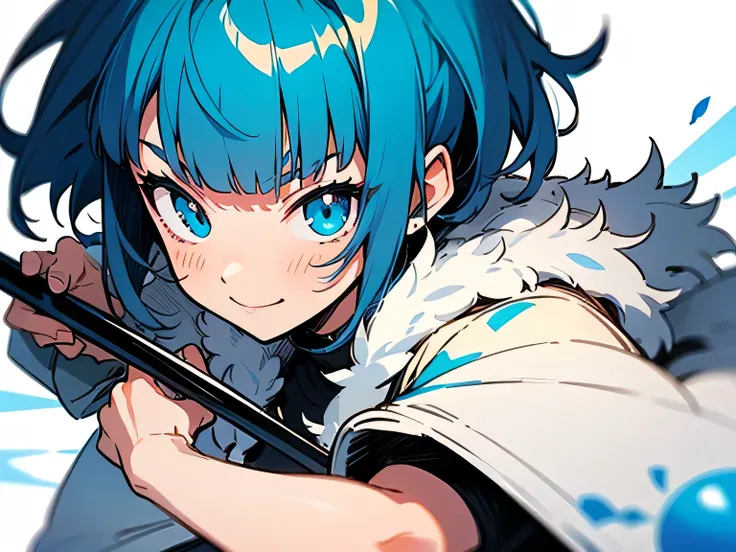 solo, (looking at viewer:1.3),close up face, blue short pixie cut, blunt bangs, blue eyes,anime face,luxurious white fur coat, holding a cane, cute smile, (fighting stance),(manga style),(sketch),(illustration)