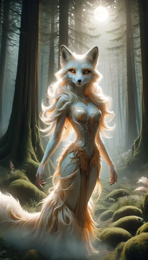 High resolution、8k、Standing in a moonlit forest glade、A dignified and mysterious white face, Blonde, nine tailed fox。This mysterious fox、It has nine large, flowing tails., Each one glows faintly in gold..、Her body glows softly in the moonlight.。God in Kimo...