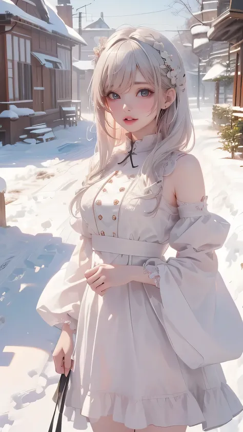 ，Ultra high quality，masterpiece、Delicate eyes，(masterpiece, Top quality, best quality, 16K、8K、32K、Extremely detailed CG unified 8k wallpaper, Very beautiful 8KCG wallpaper, ，Cartoon white-haired girl and a dog standing in the snow