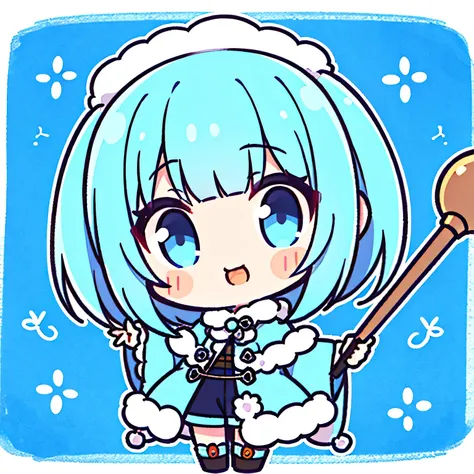 (chibi),solo, blue short pixie cut, blunt bangs, blue eyes,anime face,luxurious white fur coat, holding a cane, cute smile,(manga style),(sketch),(illustration)