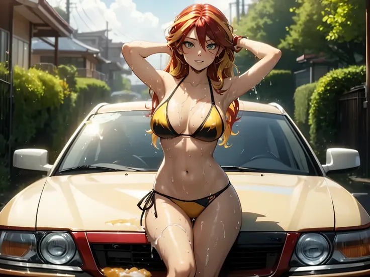 Sunsethuman, female, two-tone hair, red and yellow hair, bikini, wet bikini, wet body, wet hair, car, leaning against car, breasts against glass, washing a car, covered with soap suds, sexy, car wash, having fun