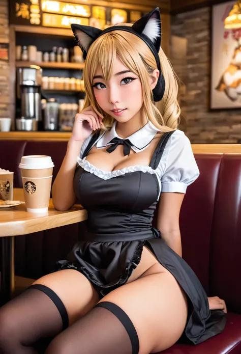 A embarrassed cat girl waitress (yuna, cute, sexy small maid outfit panties exposed, deep plunging neckline, cat ear headband) serves coffee to horny pervert patrons (playing porn on their lap tops and cell phones) in a coffee shop, evening
