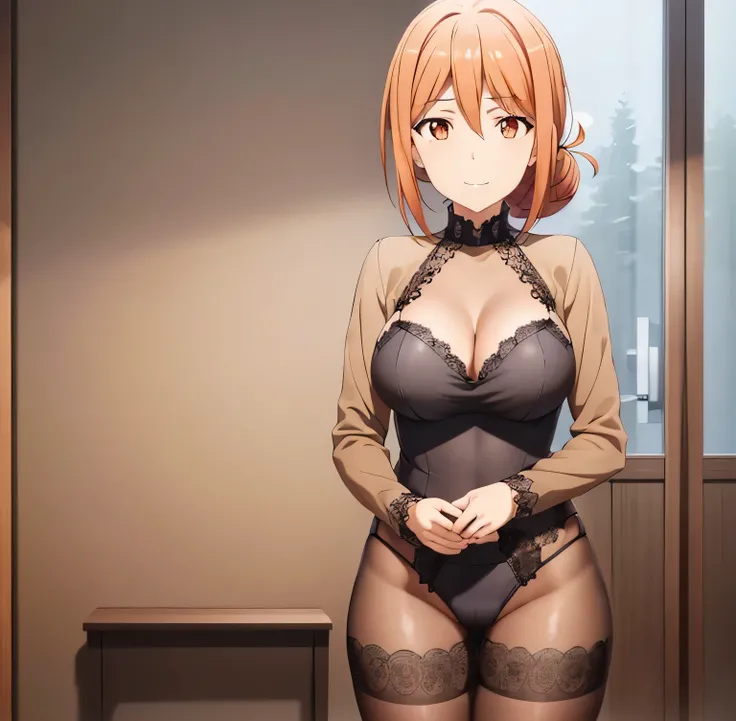 1 girl, standing alone, yuigahama mom,(Extremely detailed CG 8k unity wallpaper), (work of art), (best qualityer), (ultra detaild), (best illustration), (best shade), (absurderes), gaping mouth, ssmile, black lingerie, bra with black lace, black lace thong...