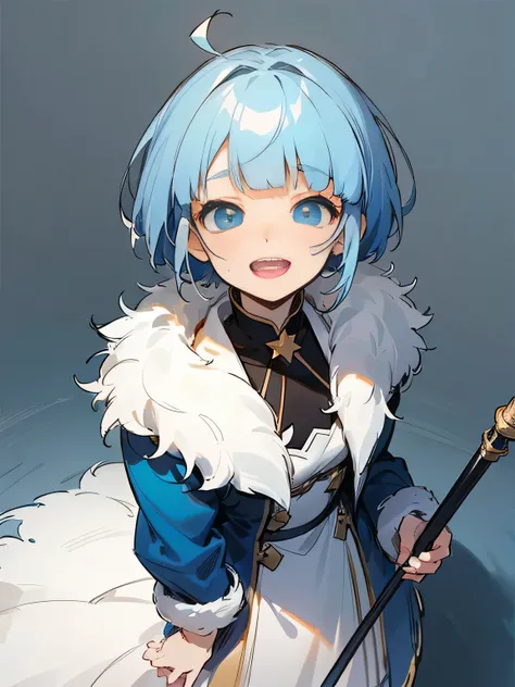 (from above:1.3),solo, (looking at viewer:1.3),upperbody, blue short pixie cut, blunt bangs, Blue eyes,Anime Face,luxurious white fur coat, holding a cane, (I am the star:1.3)、Bitter smile、cold sweat,Anxious expression,、Open Mouth、white simple background,(...