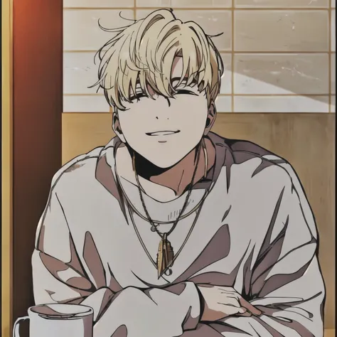 blonde hair, Casual outfit: Oversized white sweater, necklace with feather pendant. sits by the table, relaxed posture. arena: a room with warm lighting and a tiled wall background. A natural atmosphere is created.