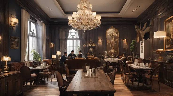Increase the number of guests drinking coffee and chatting, making their movements lively and natural