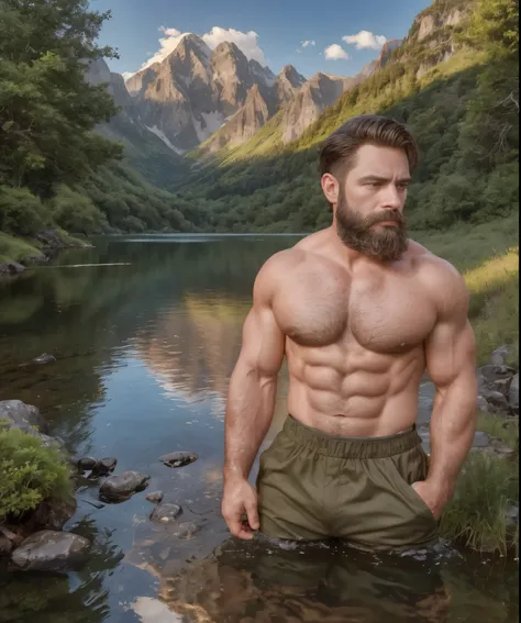 a handsome man with a brown beard, wearing a military shirt, standing at the edge of a lake, (best quality,4k,8k,highres,masterpiece:1.2),ultra-detailed,(realistic,photorealistic,photo-realistic:1.37),vivid colors,dramatic lighting,peaceful atmosphere,refl...