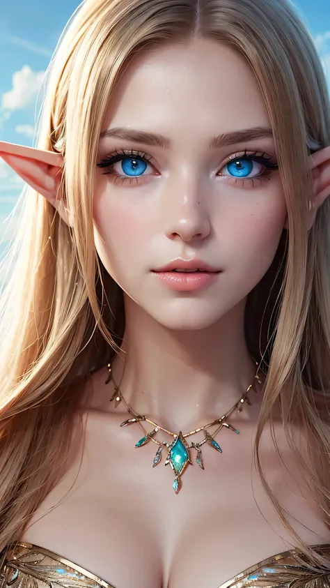 Elf Girl, Elven Ears Ultra Detailed Beautiful Woman, medium breast, stunningly beautiful, stylish long light golden hair, (( sky blue eyes )) , gemstone necklace, Glitter and eyeliner are visible on the eyelids , very long eyelashes, Stunningly beautiful f...