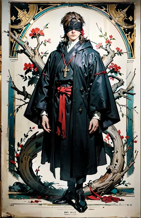 (masterpiece:1.2, best quality:1.2, extremely delicate:1.2), ((male:1.5)), a grown man with spiky brown hair, side-parted bangs, (Red blindfold:1.5), a resigned expression, a fantasy-realism style black hooded coat, a tattered gray robe underneath, cloth s...