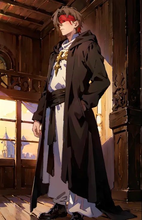 (masterpiece:1.2, best quality:1.2, extremely delicate:1.2), ((male:1.5)), a grown man with spiky brown hair, side-parted bangs, (Red blindfold:1.5), a resigned expression, a fantasy-realism style black hooded coat, a tattered gray robe underneath, cloth s...