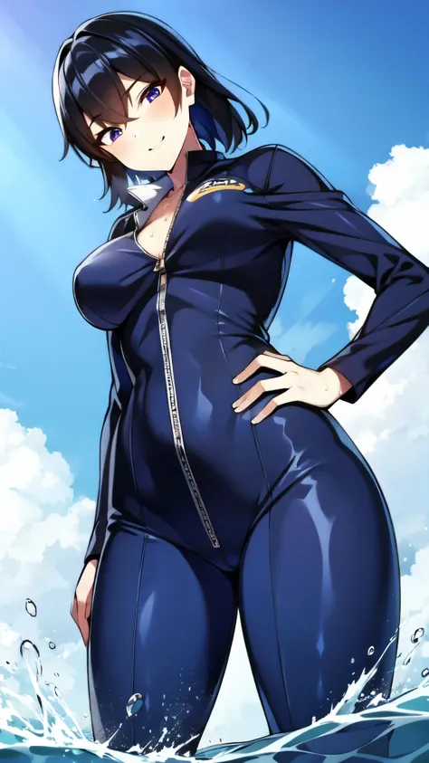 （（super high quality,））（（Ultra-high resolution,））（16K,）（super masterpiece,）（（Ultra HD ,））（Detailed shading,）（（Full Color,））Sea in clear skies,Looking up from below,One Girl,（（A shiny navy blue skin-tight sweatsuit,popped Tight open collar,Long sleeve,））A n...