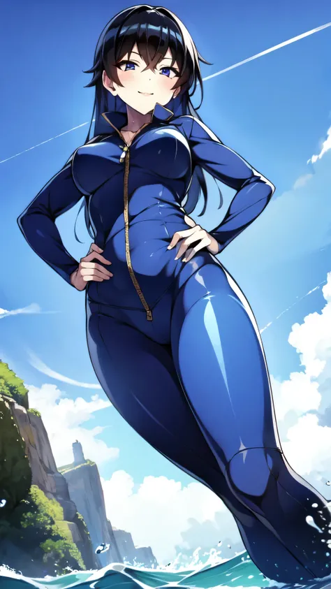 （（super high quality,））（（Ultra-high resolution,））（16K,）（super masterpiece,）（（Ultra HD ,））（Detailed shading,）（（Full Color,））Sea in clear skies,Looking up from below,One Girl,（（A shiny navy blue skin-tight sweatsuit,popped Tight open collar,Long sleeve,））A n...