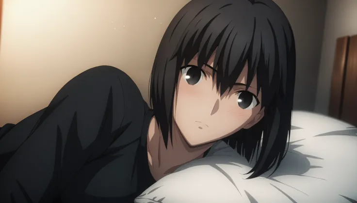 sauce_anime, ambient light,
fsn_ubw_style, 1girl ,tall girl, straight hair ,bob cut hair, black hair, deep black eyes, squinting, hair between eyes, perfect eyes , Perfect face, expressive eyes, close up face:0.2 ,  
(undress black shirt),,suit black pants...