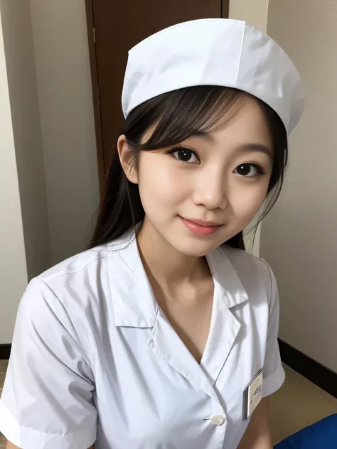 a beautiful young japanese female nurse, wearing white nurse uniform , nurse cap , in the hospital