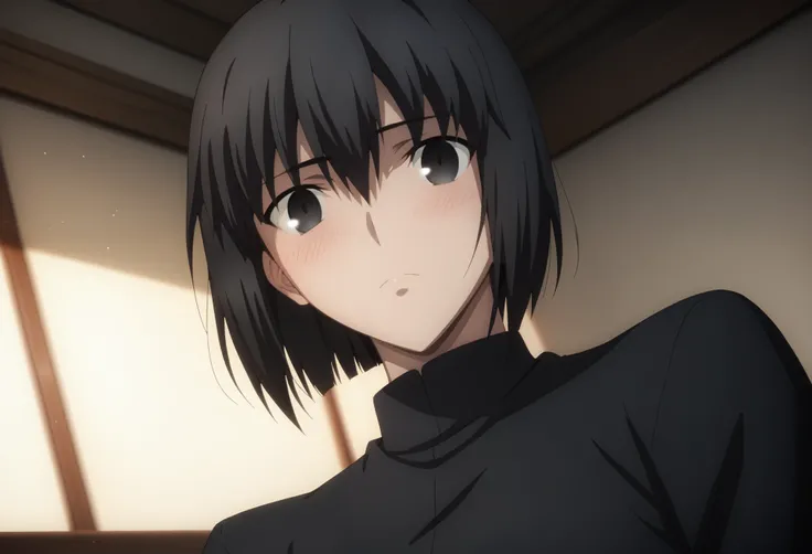 sauce_anime, ambient light,
fsn_ubw_style, 1girl ,tall girl, straight hair ,bob cut hair, black hair, deep black eyes, squinting, hair between eyes, perfect eyes , Perfect face, expressive eyes, close up face:0.2 ,  
(undress black shirt),,suit black pants...