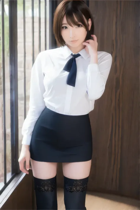 1girl, meiwashio_jav, large breasts, parted lips, bangs, brown eyes, short hair, jewelry, wearing formal attire, pencil skirt, thighhighs,
looking at viewer, shot using canon DSLR,
detailed body, attractive body, perfect human body, realistic face,
(ultima...