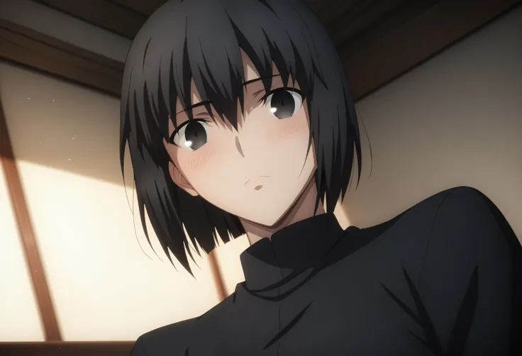 sauce_anime, ambient light,
fsn_ubw_style, 1girl ,tall girl, straight hair ,bob cut hair, black hair, deep black eyes, squinting, hair between eyes, perfect eyes , Perfect face, expressive eyes, close up face:0.2 ,  
(undress black shirt),,suit black pants...