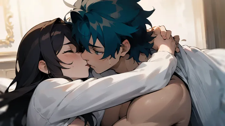 ((best quality)), ((masterpiece)), (detailed), a man and a woman embrace each other lovingly and kiss, アニメ, die Frau ist schlank schwarze haare no underwear, the man muscular, no underwear