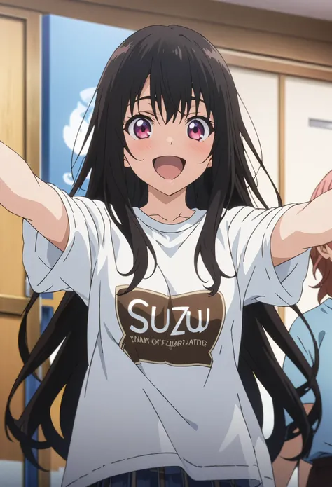 Masterpiece, highest quality, high resolution CG Unity 8K wallpaper, high school girl anime illustration, anime screenshot, wearing a big t-shirt that says "suzu", beautiful black long hair, reddish-pink eyes, subject depth of field, big Laugh, smile