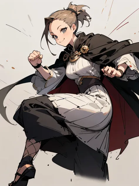 solo, (black color ponytail), (big forehead), cloak, aristocratic clothes, medals, ladylike and elegant, calm smile, high quality long skirt, fishnet stockings,(kick fighting stance), (manga style), (sketch), (illustration ),