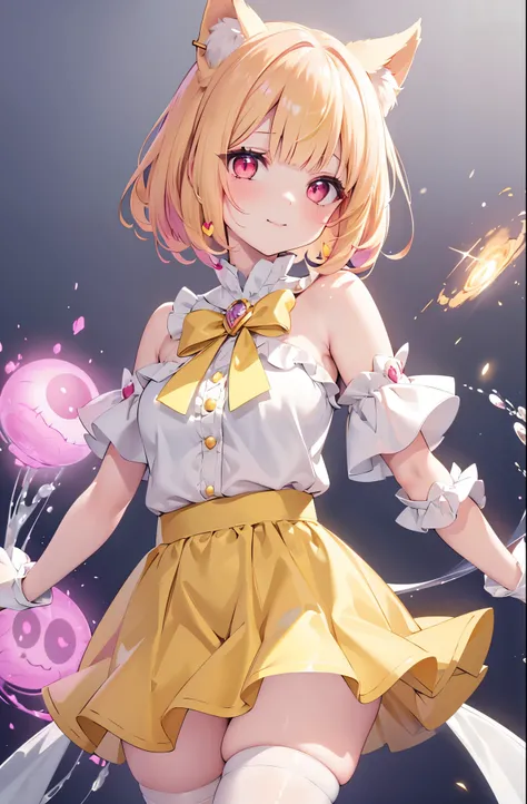 1girl,Sexy pretty girl,Dog ears,detailed cute eyes,(glowing eyes:1.4),laugh heartily,((Droopy eyes)),small breasts,playful smile,(magical yellow girl outfit,frilled mini skirt:1.3),(white shirts:1.1),(magical brooch:1.1),gloves, hair ornament, (bare sholde...