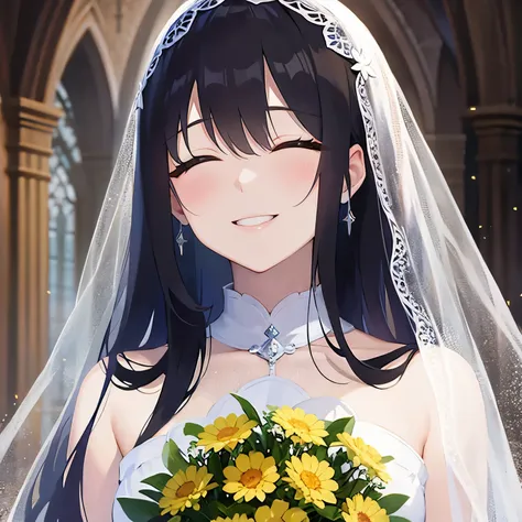 head tilt, bouquet、wedding dress、Close-up of your face、 (pale skin: 1.2), shiny skin, shiny hair、(A 2 woman with straight hair and bangs) and (medium hair) and (black hair) and (closed eyes:1.5) , (smile:1.5), church, alone、Are standing、Veil