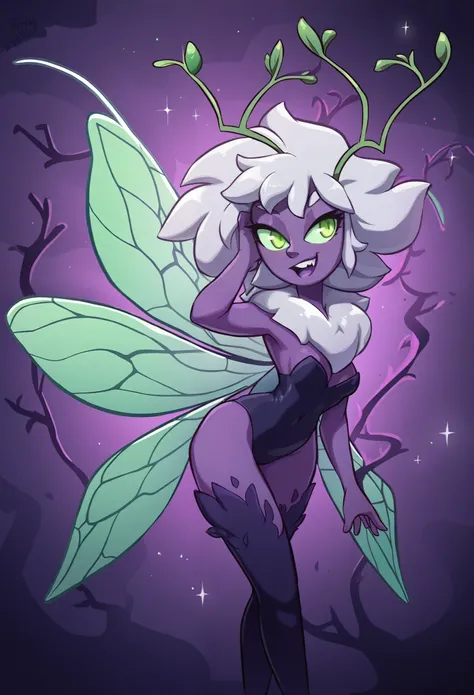 The Moth Fairy has a slender, body with deep purple skin, highlighted by lavender spots that glow faintly. Her large, glowing neon green eyes are accentuated by sharp black eyeliner, and her short, fluffy white hair contrasts against her dark skin. Two lon...