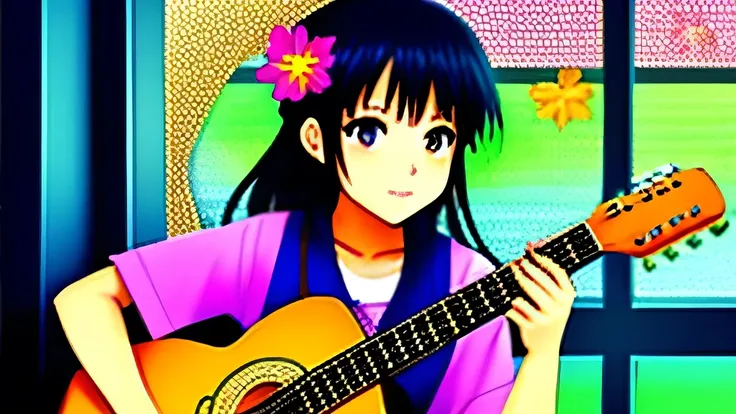 An anime girl playing the guitar in front of a window decorated with flowers., artwork in the style of Gwaiz, play the guitar, I&#39;m playing the guitar, everyone, I&#39;m playing the guitars, play the guitar, Realistic anime art style, Realistic Anime 3D...