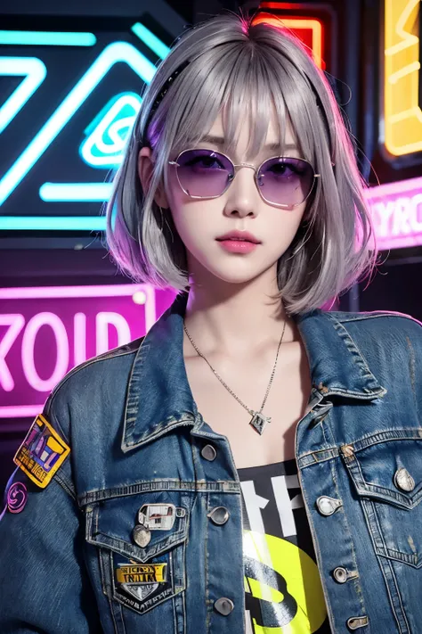 detailed, beautiful and realistic beauty、a lonely smile、light colored sunglasses、silver-gray short bob hair with psychedelic inn...