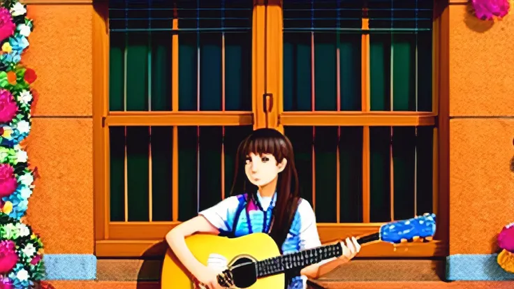 An anime girl playing the guitar in front of a window decorated with flowers., artwork in the style of Gwaiz, play the guitar, I&#39;m playing the guitar, everyone, I&#39;m playing the guitars, play the guitar, Realistic anime art style, Realistic Anime 3D...