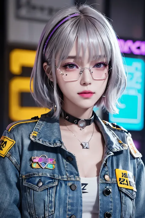 Detailed, beautiful and realistic beauty、Smile、Light colored sunglasses、Psychedelic silver-gray short bob hair、Cyberpunk Fashion、A flashy denim jacket with various patches and badges、Neon Sign Highlights、Realistic digital drawing、Psychedelic colors、Blue an...