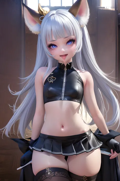 masterpiece, best quality, 8k,photorealism, tera elin, beautiful detailed eyes, ultra detailed, 1girl, hips, thighs, thigh highs, evil smile,smug, skirt, crop top, tongue out, long tongue, ahegao, looking at viewer, 