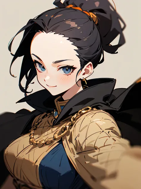 solo, upperbody, close up face,(black color ponytail), (big forehead), cloak, aristocratic clothes, medals, ladylike and elegant, calm smile, fishnet stockings,(fighting stance), (manga style), (sketch), (illustration),