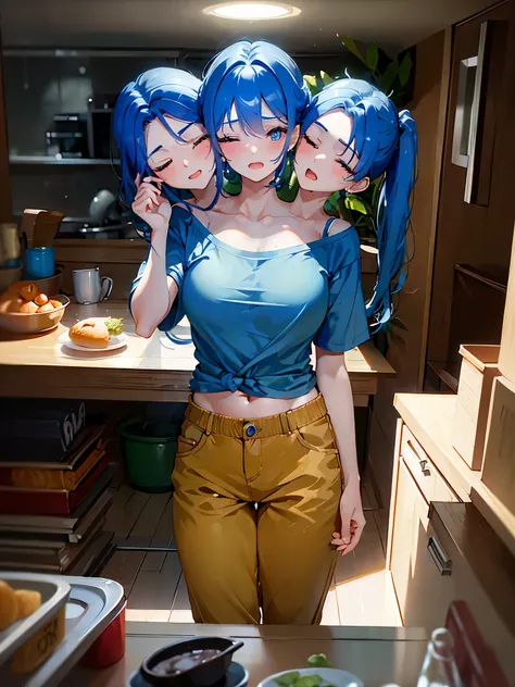 (masterpiece, best quality), best resolution, (3heads:1.5), 1girl, weary, headache, hangover, in pain, dizzy, blue hair, brown eyes, one eye closed, open mouth, light blue t-shirt, tan pants, hand on forehead, apartment kitchen