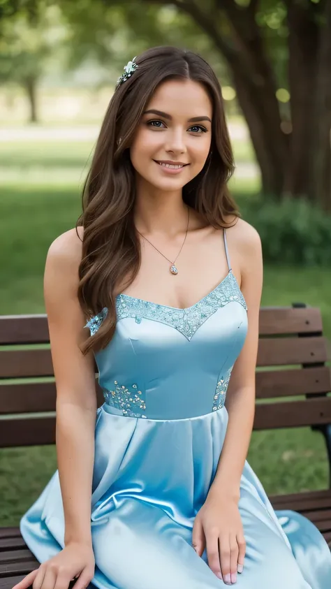 Realistic full body photo of a smiling young woman, Beautiful young brunette woman with long hair, a flower in the hair, She dances in front of the camera in a long light blue A-line bridesmaid dress with shiny satin straps. elegant patterns in the fabric ...