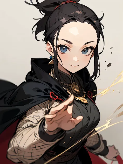 solo, upperbody, close up face,(black color ponytail), (big forehead), cloak, aristocratic clothes, medals, ladylike and elegant, calm smile, fishnet stockings,(fighting stance), (manga style), (sketch), (illustration),