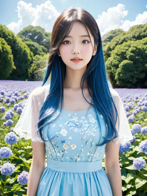 (absurdres, highres, ultra detailed, UHD, cinematic), solo, 1girl, mature, happy, girl standing in light blue flower field, light blue flower petal surrounding girl, full body, blue long hair girl, light blue hair, fantasy, dreamy, snowy, official art, pop...