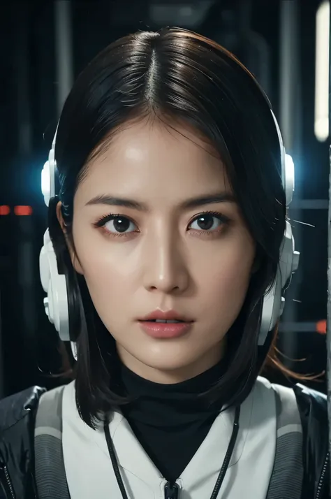 Candid photo of a female engineer repairing the engine of a huge spaceship, Wearing a tight futuristic space suit, masterpiece, (Beautiful and big eyes:1.1), Intricate details, Very complex iris, close, Neon Light, thick smoke, Cyberpunk atmosphere, Flash ...