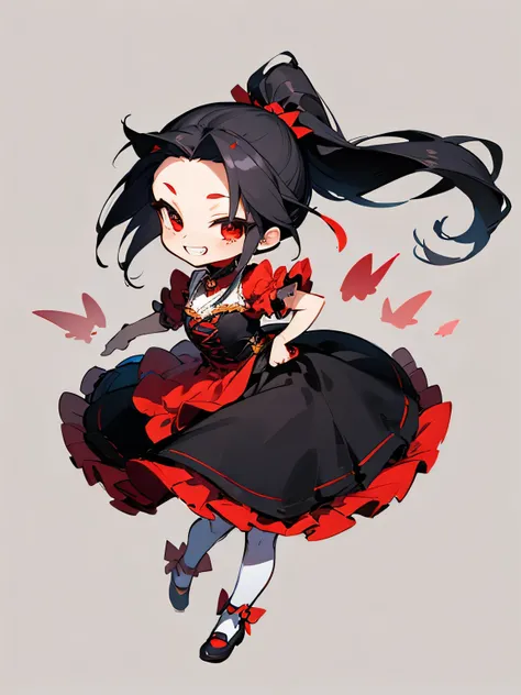 (chibi),solo, fullbody,(black color ponytail), (big forehead), red eyes,Princess costume、Frills,grin, (manga style), (sketch), (illustration),