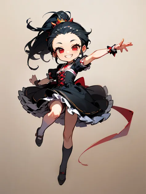 (chibi),solo, fullbody,(black color ponytail), (big forehead), red eyes,Princess costume、Frills,grin, (manga style), (sketch), (illustration),