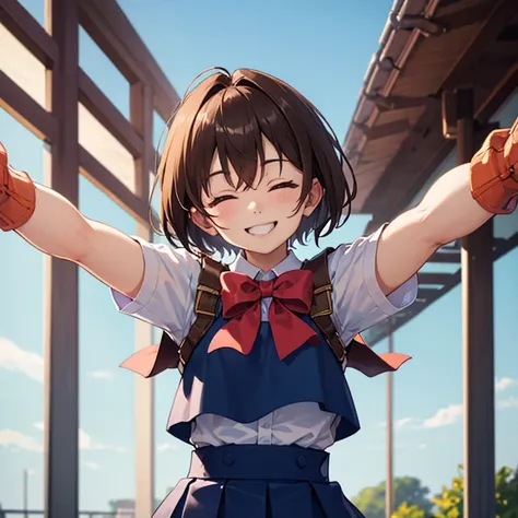 Masterpiece, top quality, young sun, bowl, white shirt, ribbon, blue vest, pleated skirt, fingerless gloves, upper body, viewer, school, outdoors, (full smile, smiling with mouth wide open, smiling with both eyes closed, arms wide open hugging viewer, expr...