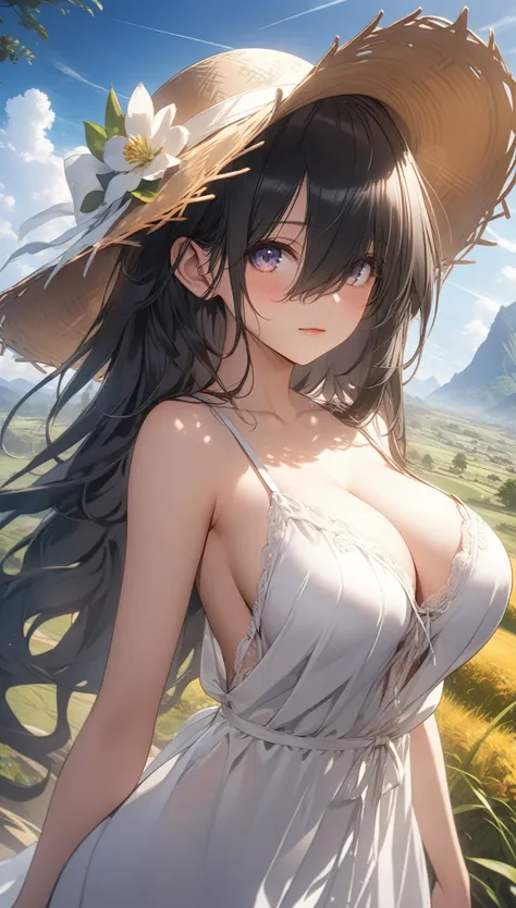 1 woman, black hair, very long hair, cute face, ideal ratio body proportions, blush, (((((hair over eyes))))), (curvy), (((large breasts))), (((large hip))), ((cleavage)), ((Straw hat)), (((White negligee))), ((Expressionless)), ((White dress)), ((Close yo...