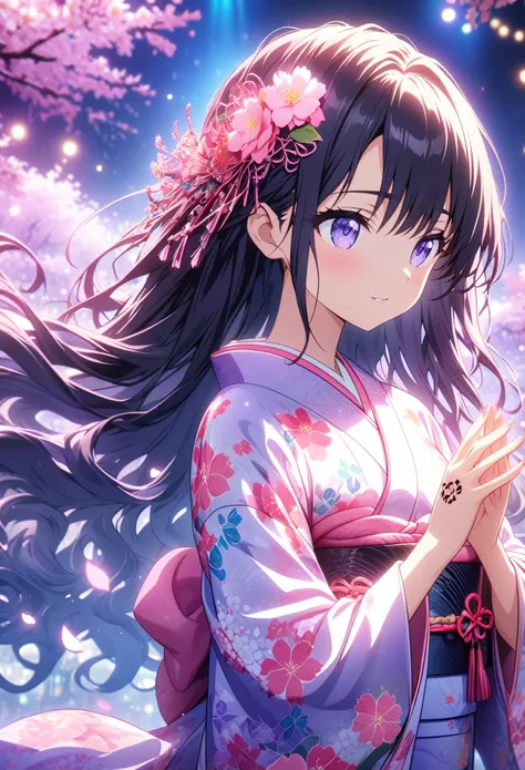 Masterpiece, highest quality, highly detailed CG Unity 8k wallpapers, anime screenshots, female anime character art in neon floral kimono. She wears a kimono with a neon flower pattern that shines in purple. This scene with long flowing hair has a nice sof...