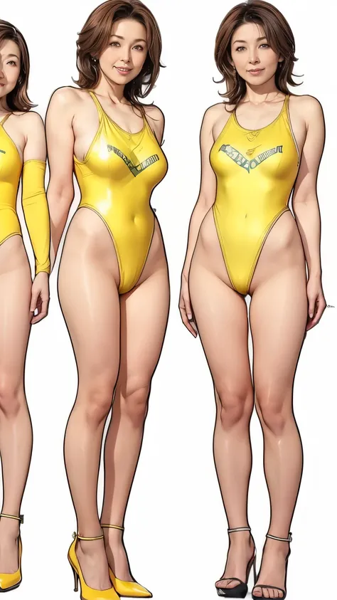 ((masterpiece)),(((Highest quality))),((Reference Sheet, Character Design)),((front view)),oblique view from behind,((Japanese MILF:1.2)),BREAK (onepiece Swimsuit with sponsors title painted in large letters),((レースクイーン)),(high-leg cut onepiece swimsuit),hi...