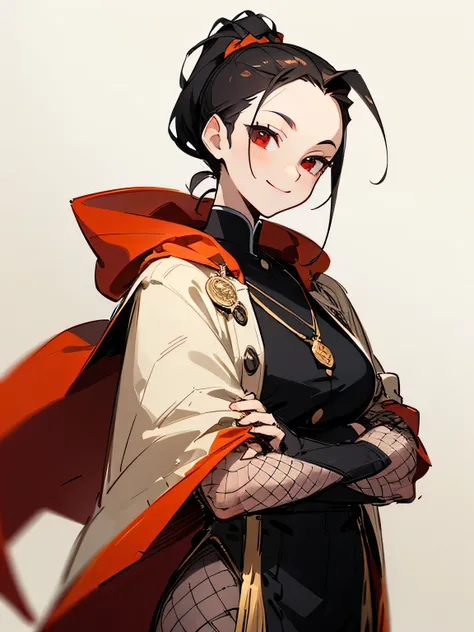 solo,black color ponytail, (big forehead),red eyes, cloak, aristocratic clothes, medals, ladylike and elegant, calm smile, fishnet stockings,(crossed arms), (manga style), (sketch), (illustration),