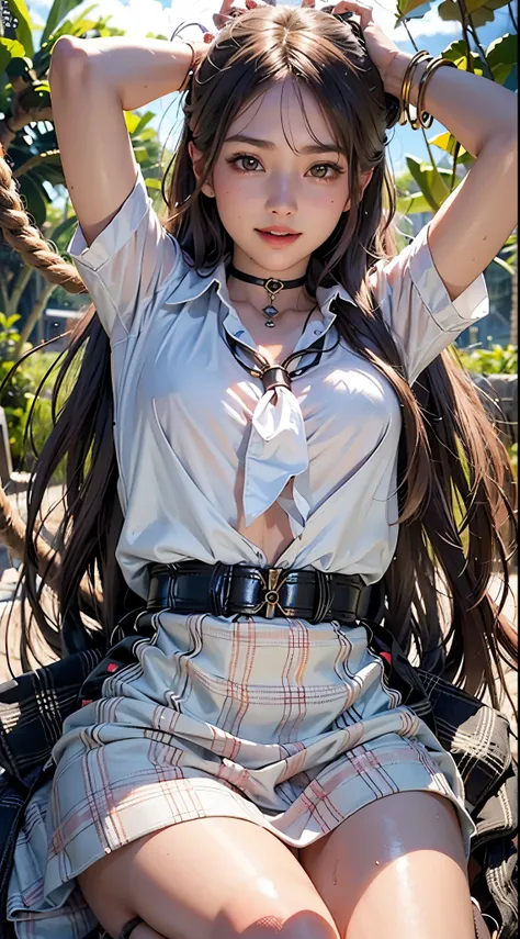 Brunette Girl, big Smile, Super beautiful sparkling eyes、Hanging from the ceiling with rough rope around his arms、Sweat、The rope bound her body、Wet body、Rough rope digging into crotch、A large amount of liquid flows out from the groin、One leg is suspended a...